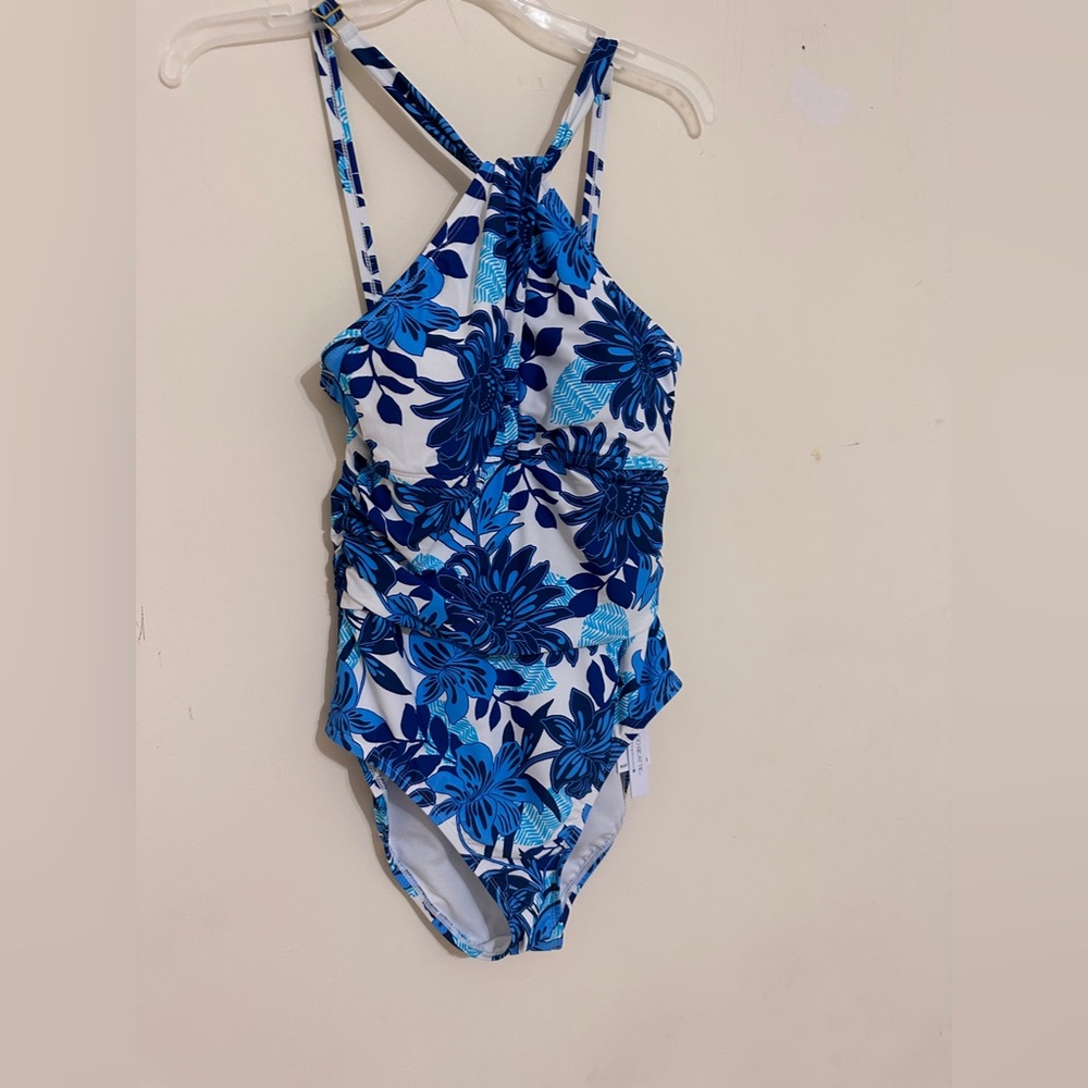 Bleu Rod Beattie Halter High Neck twist neckline blue white women's